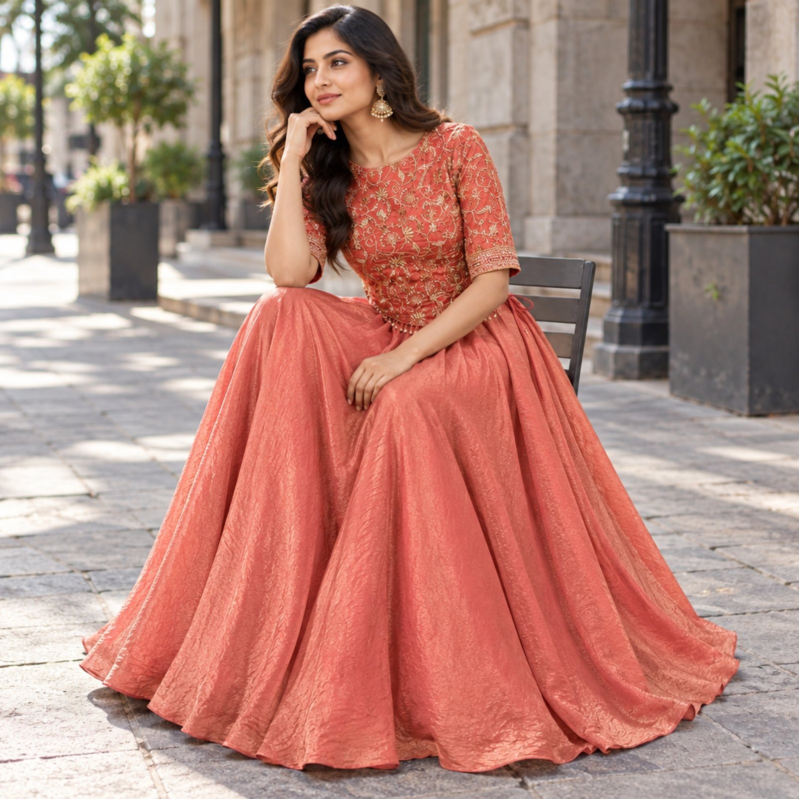 AI model catalog image of a coral embroidered set